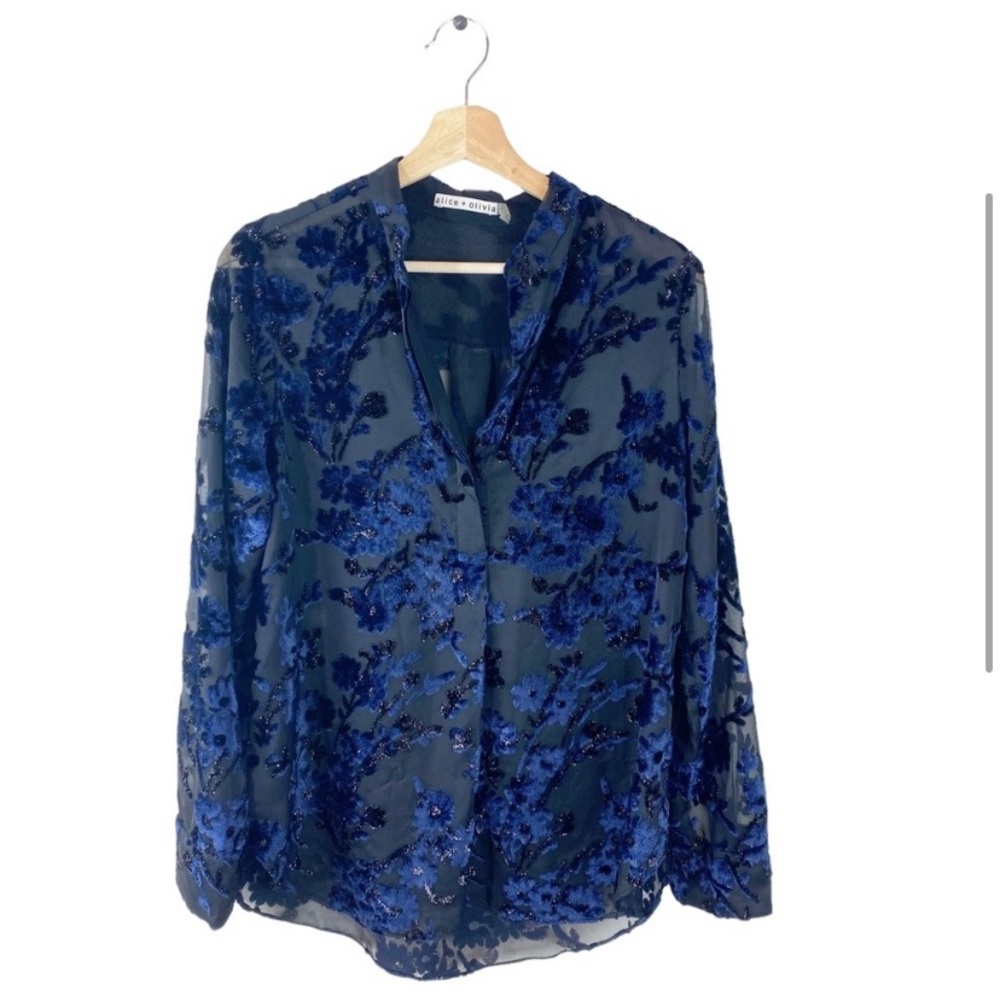 ALICE + OLIVIA Blue Velvet Floral Burnout Blouse - Picture 3 of 8